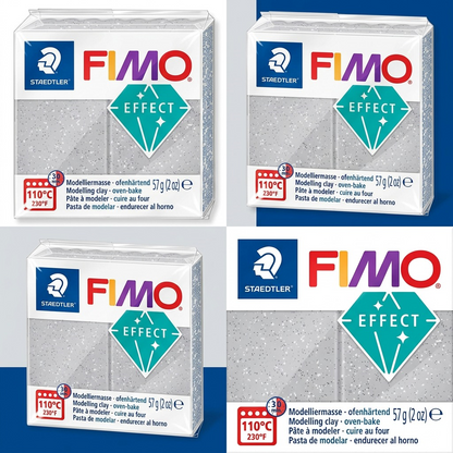 A premium product matrix showing the STAEDTLER Fimo Effect Glitter Silver clay from multiple angles.