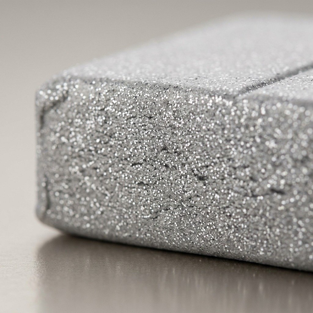 An extreme close-up photograph capturing the finely distribution of silver glitter within the translucent grey FIMO Effect modelling clay.