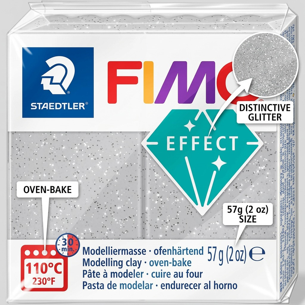 A product image of STAEDTLER Fimo Effect Glitter Silver modellers clay with feature callouts.