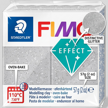 A product image of STAEDTLER Fimo Effect Glitter Silver modellers clay with feature callouts.
