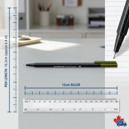 A scale visualization of the Staedtler fineliner with a ruler on a desk background.