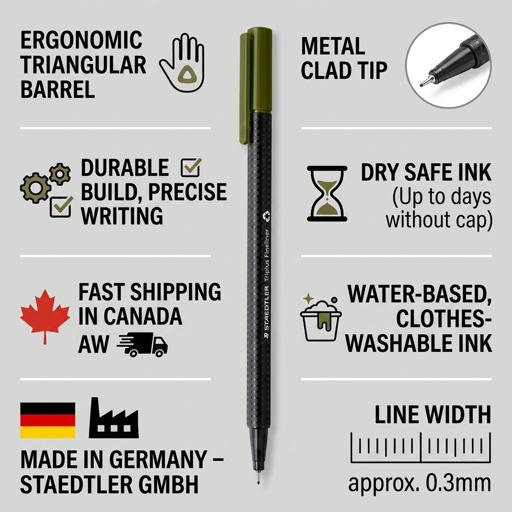 Infographic for Staedtler Triplus Fineliner, highlighting key features and Canadian shipping with icons.