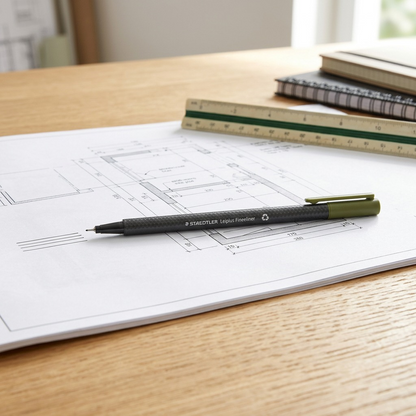A realistic photo of the single fine-liner pen, exactly as in the reference, resting among technical plans on a wooden desk.