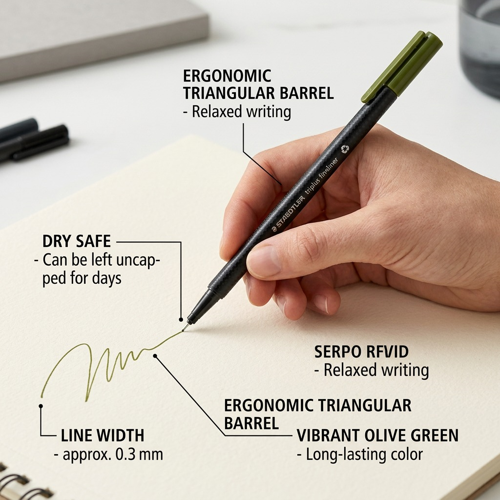 An e-commerce product feature graphic shows the STAEDTLER triplus fineliner with anatomical callouts: Dry Safe tip, ergonomic triangular barrel, 0.3mm wide lines, and long-lasting vivid color. A hand holds the pen, writing on paper in a clean studio setting. Fast Canadian shipping and 0.3mm to customer benefits. Factual and legible. No invented specs or logos.