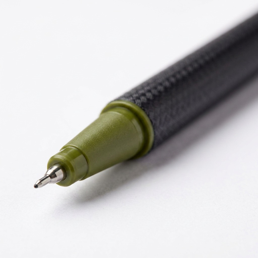Macro photo detailing the fine olive green tip and the textured matte barrel of the STAEDTLER fine-liner.