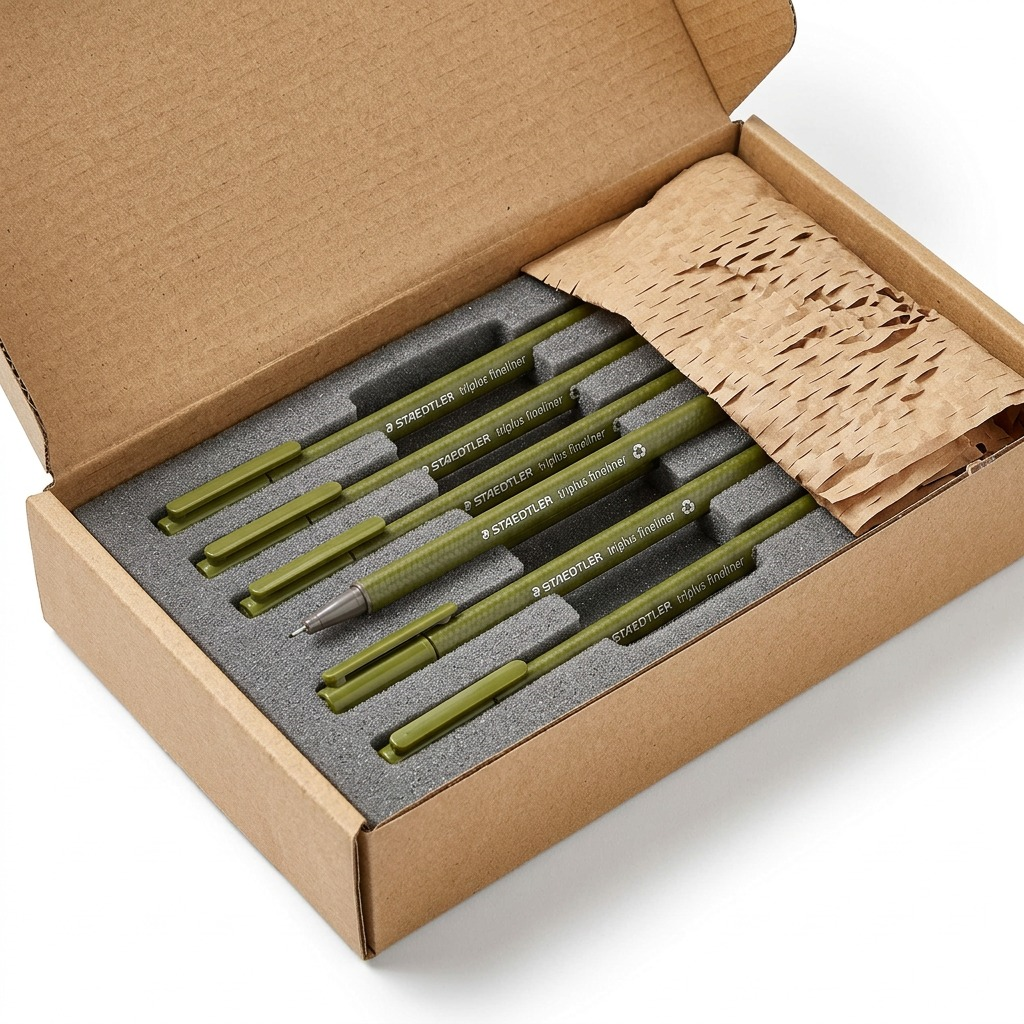 Unboxing shot: Olive STAEDTLER pen in a textured cardboard shipping box with crinkled kraft paper padding.