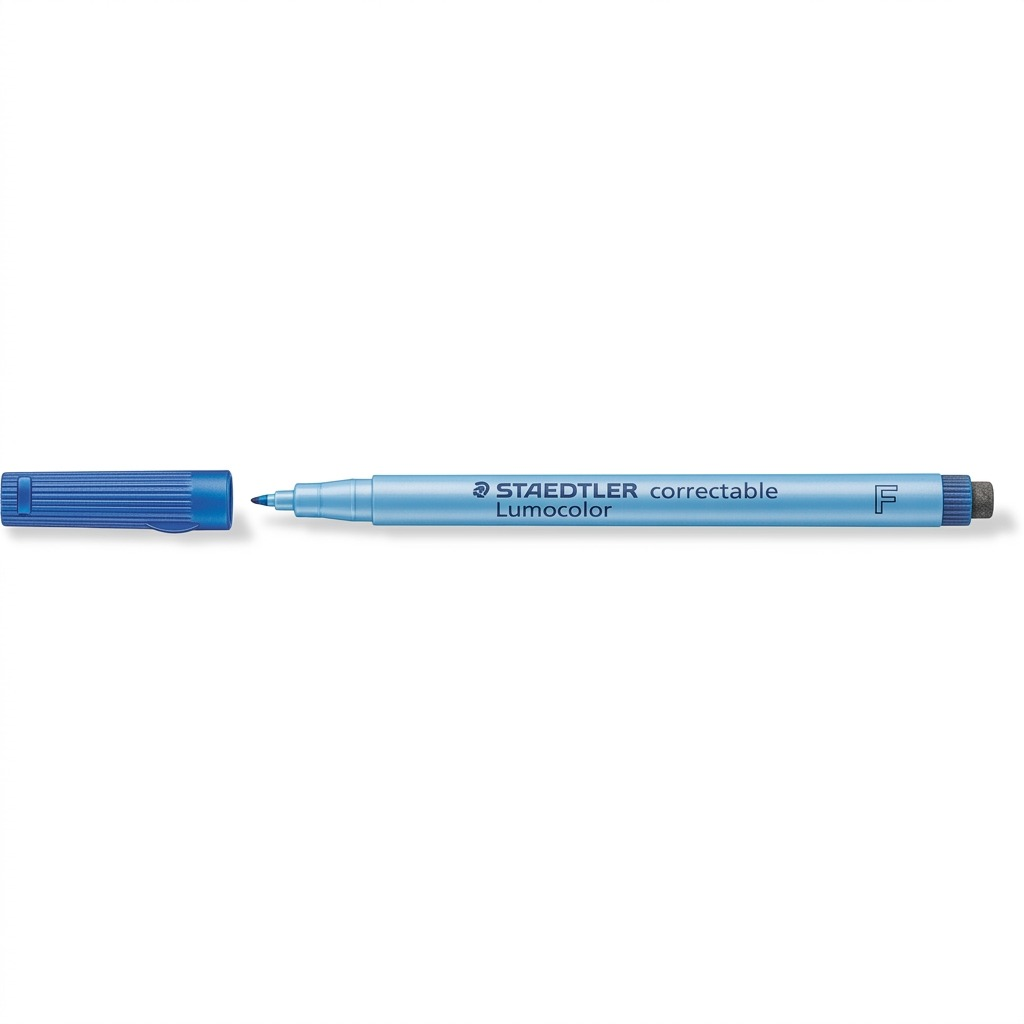 STAEDTLER Lumocolor correctable OHP pen F blue with detached cap, seen from the side on white background.