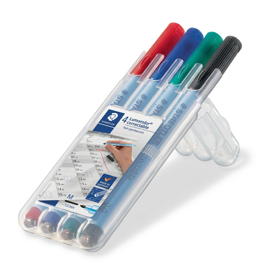 Pure hero shot of the STAEDTLER Lumocolor correctable marker set (305M-WP4-102) in its clear case on a white background.