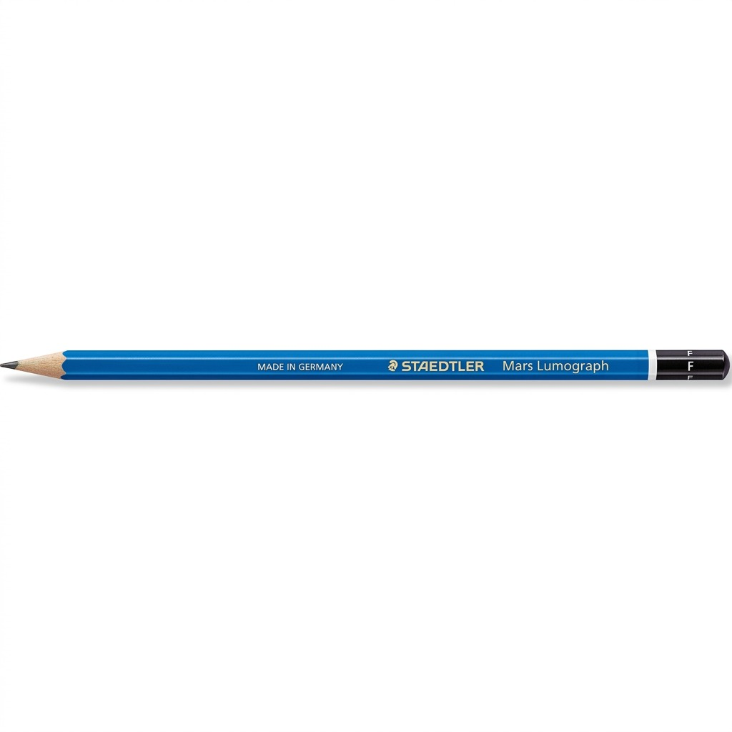 Pure high-resolution hero shot of a single STAEDTLER Mars Lumograph pencil, F grade, centered against a seamless white background.