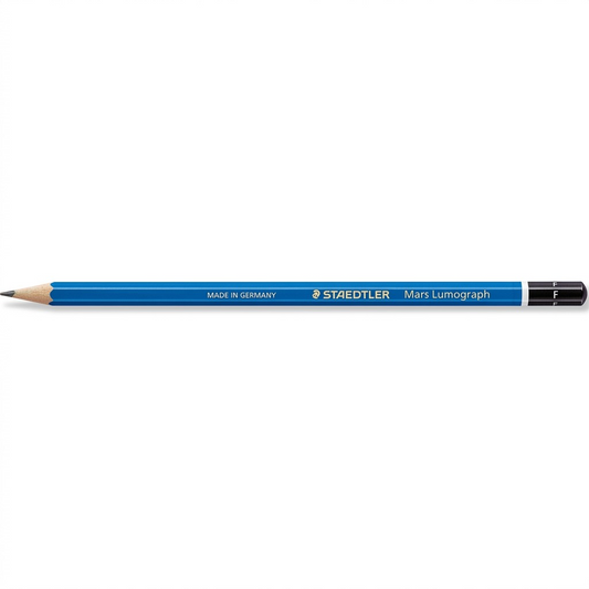 Pure high-resolution hero shot of a single STAEDTLER Mars Lumograph pencil, F grade, centered against a seamless white background.
