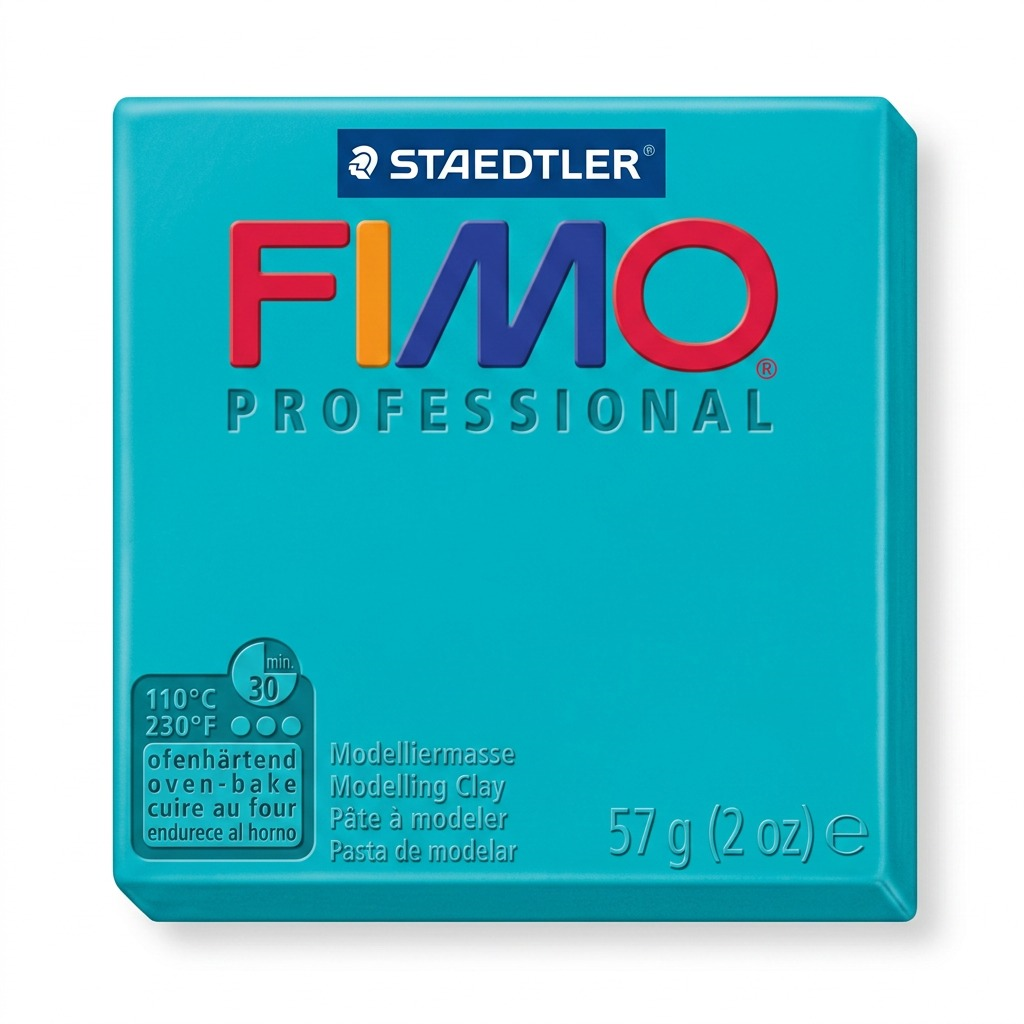 A high-resolution, centered image of a 57g bar of STAEDTLER FIMO Professional modelling clay in turquoise on a pure white background, with a clean shadow.