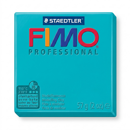 A high-resolution, centered image of a 57g bar of STAEDTLER FIMO Professional modelling clay in turquoise on a pure white background, with a clean shadow.
