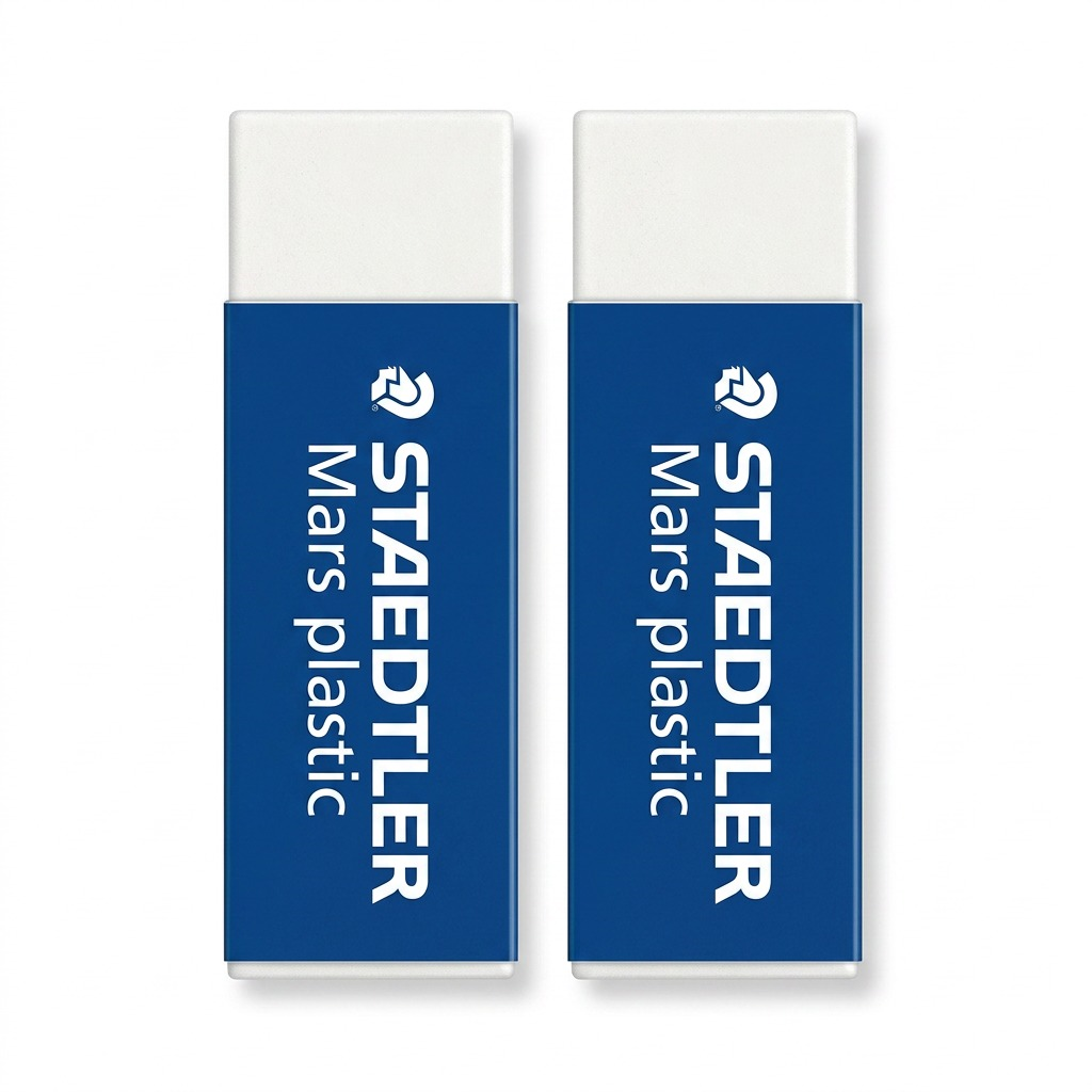 High-resolution hero shot of two STAEDTLER Mars N80 plastic erasers on a pure white background.