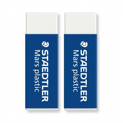 High-resolution hero shot of two STAEDTLER Mars N80 plastic erasers on a pure white background.