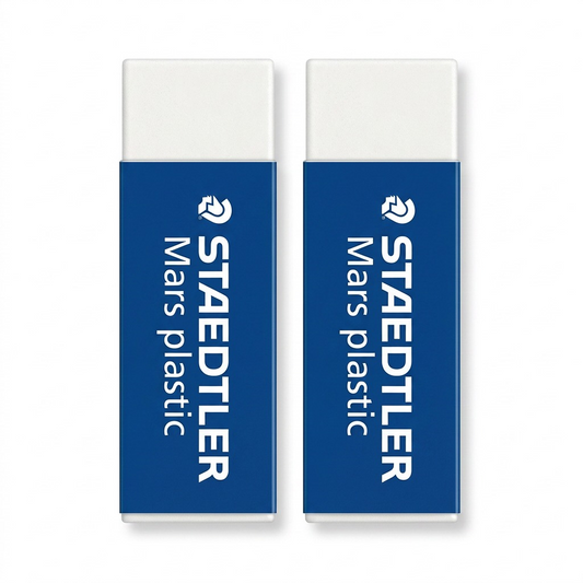 High-resolution hero shot of two STAEDTLER Mars N80 plastic erasers on a pure white background.