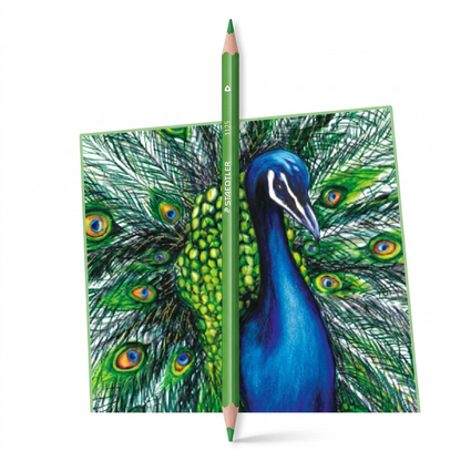 A clean ecommerce hero shot of a single green STAEDTLER triangular colored pencil with white text.