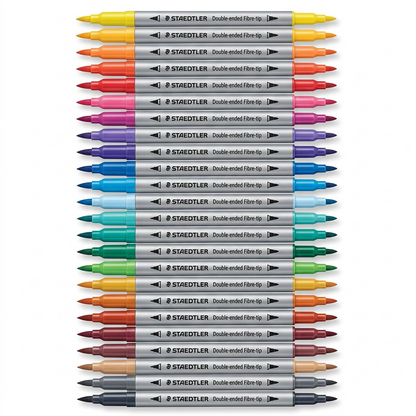 A high-resolution, centered view of the STAEDTLER Double-Ended Fibre-Tip Pens from the 72-pack, displaying their full length.