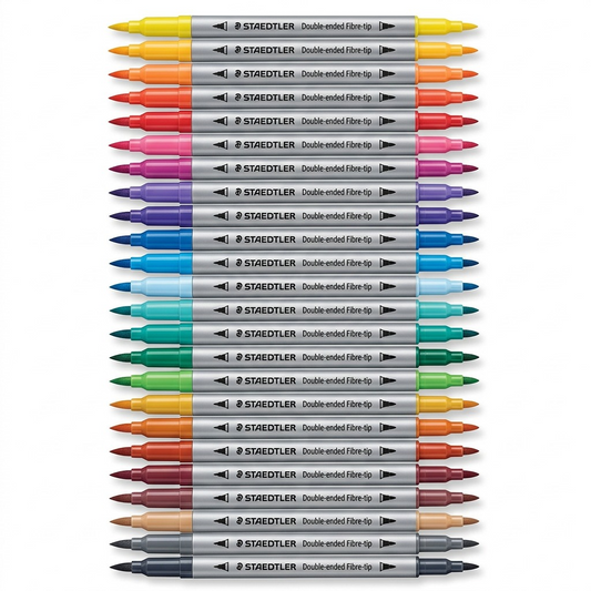 A high-resolution, centered view of the STAEDTLER Double-Ended Fibre-Tip Pens from the 72-pack, displaying their full length.