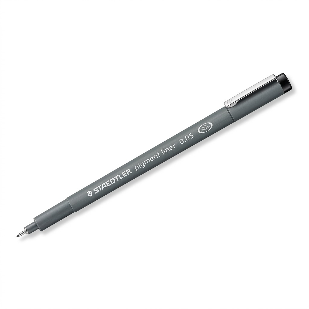 A high-resolution, centered view of the STAEDTLER Pigment Liner 308 0.05 ink pen with cap, on a pure white background.