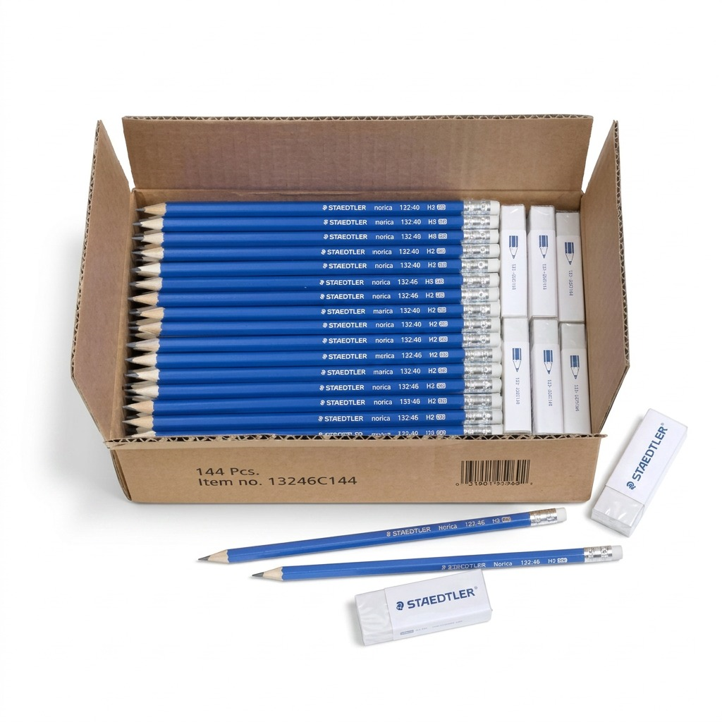 A pristine hero shot of 144 blue Staedtler Norica HB2 pencils, 12 white erasers, and an open cardboard box, matching the 13246C144 SKU, against a pure white background.