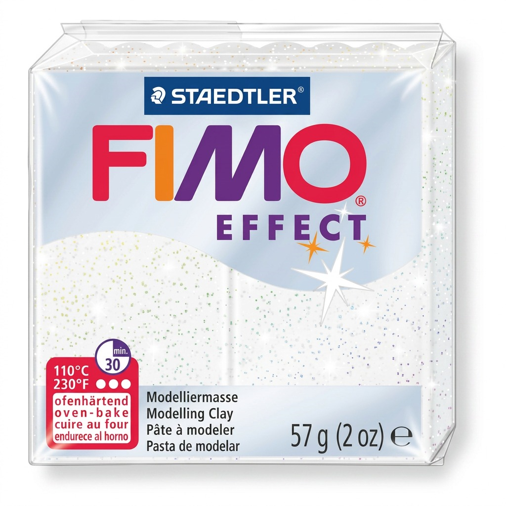 A high-resolution product shot of STAEDTLER Fimo Effect glitter modelling clay block, 57g (2 oz), wrapped in clear sparkling film, with prominent brand logo and baking instructions.