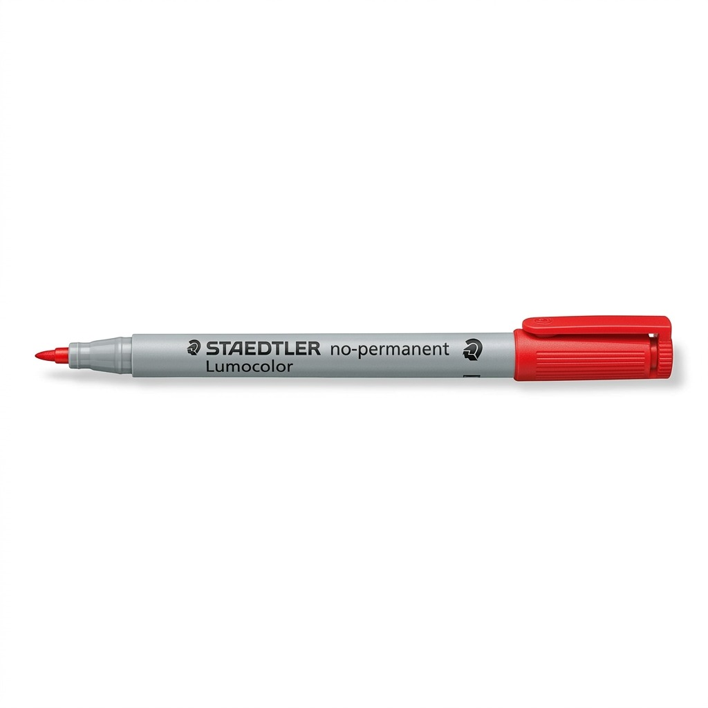 Pure high-resolution hero shot of the STAEDTLER Lumocolor non-permanent fine-point red marker against a pure white background.