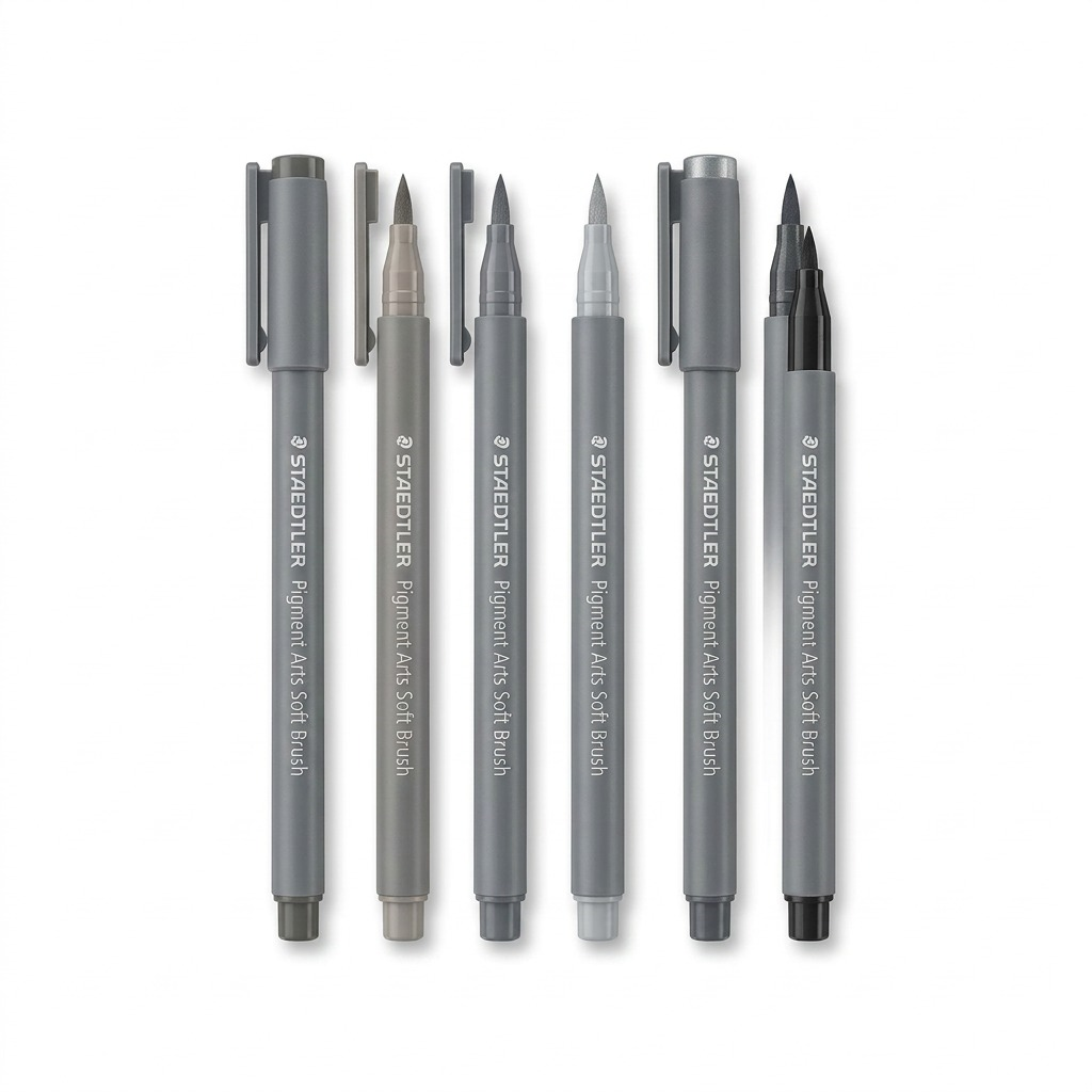 A pure high-resolution hero shot showing six grey and black STAEDTLER Pigment Arts Soft Brush markers.