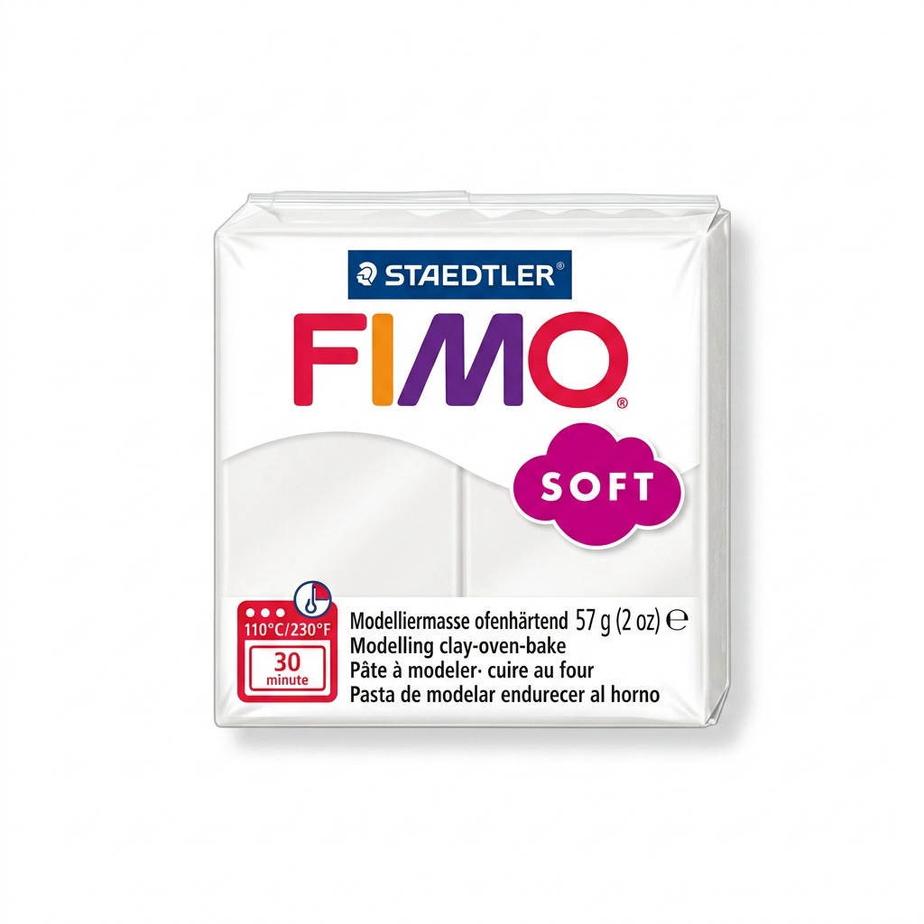 A single 57g bar of white Staedtler FIMO Soft polymer modelling clay, centered against a seamless white background.