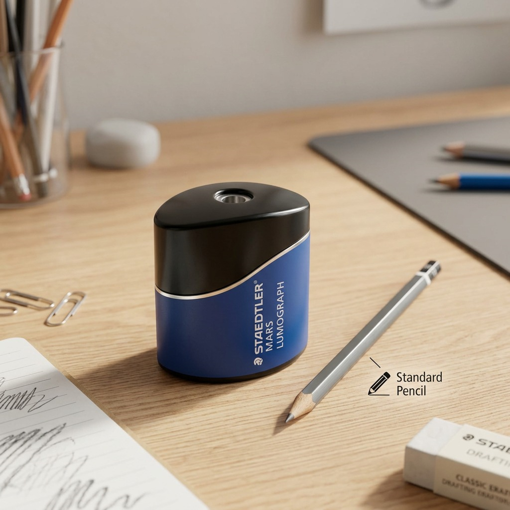 Final PDP visual matrix scale reference image: The STAEDTLER Mars Lumograph oval metal sharpener (image_0.png) shown accurately at scale on a textured, light wood desk, resting beside a standard, sharpened whole classic grey lead pencil. Realistic desk setting with art supplies and natural light, no packaging or text on image.
