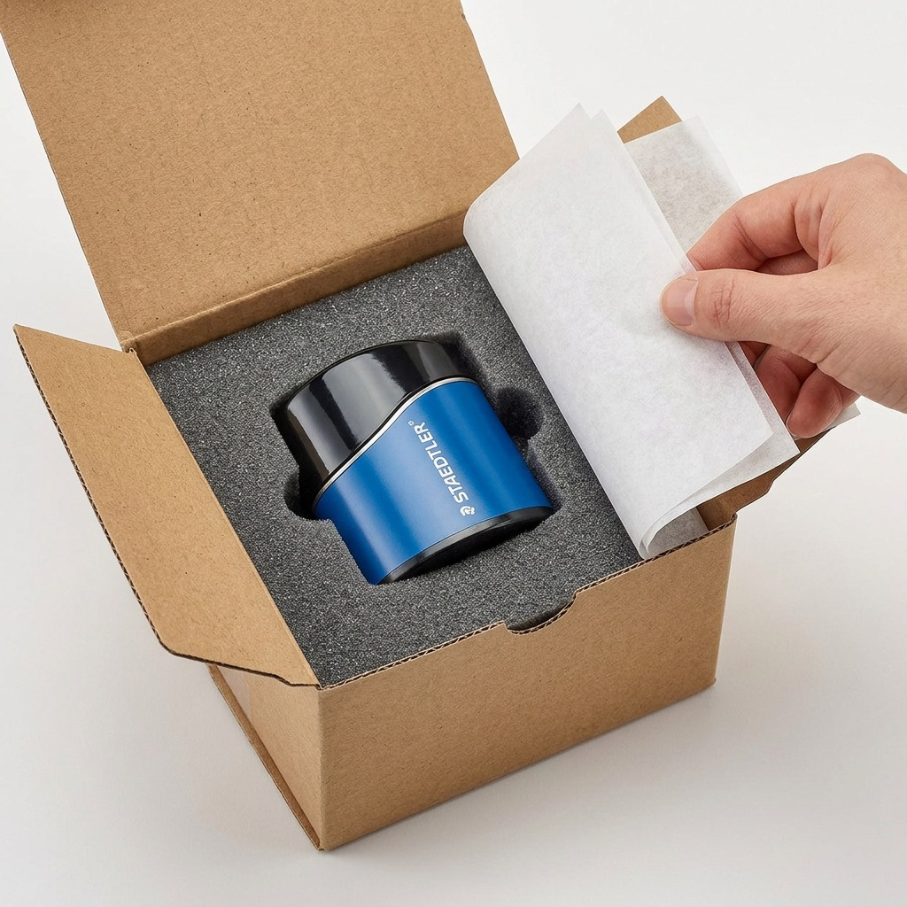 Premium unboxing scene showing the STAEDTLER Mars Lumograph oval sharpener securely nestled in custom foam.