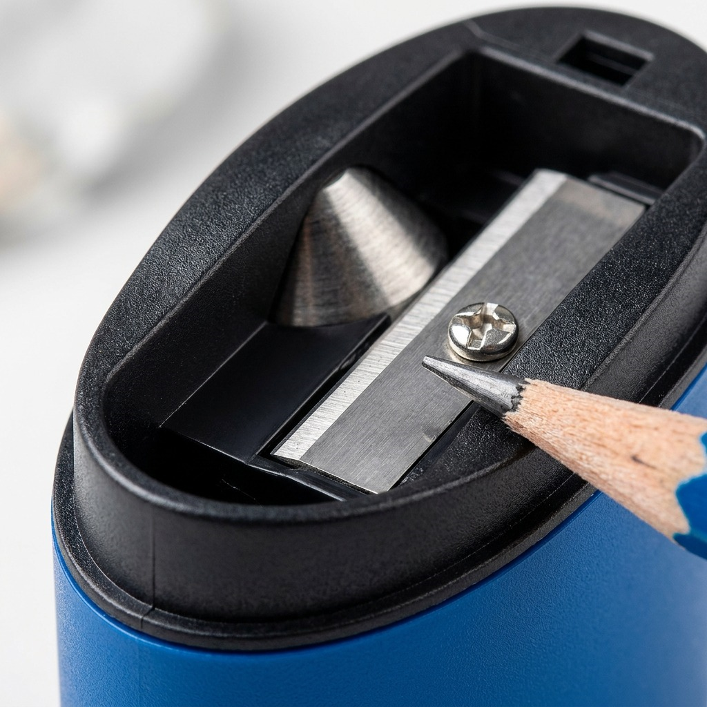 Close-up detail of the metal blade assembly inside the Staedtler Mars Lumograph sharpener.
