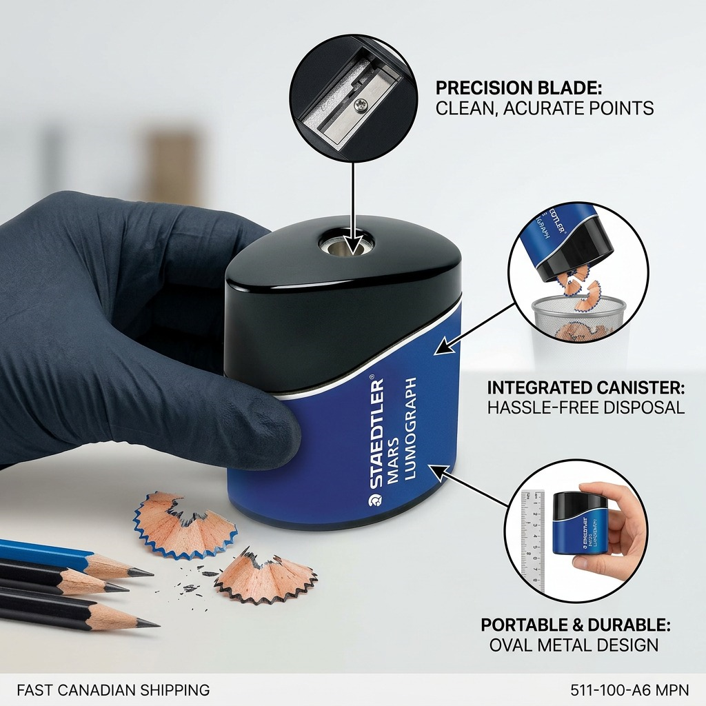A diagram-style feature graphic for the STAEDTLER 511-100-A6 sharpener, detailing its precision, quality, and portability features.