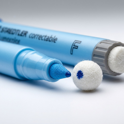 Macro photo focused on the blue marker tip and white correction felt.