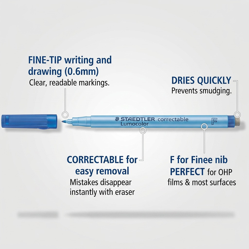 An infographic showing a Staedtler Lumocolor correctable marker with callouts explaining its features.