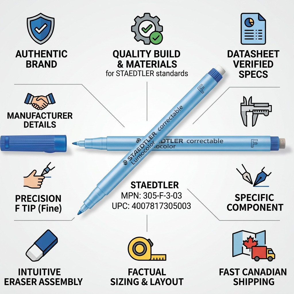 An infographic showing a Staedtler Lumocolor pen surrounded by quality and shipping icons.