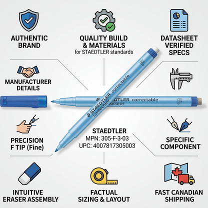 An infographic showing a Staedtler Lumocolor pen surrounded by quality and shipping icons.