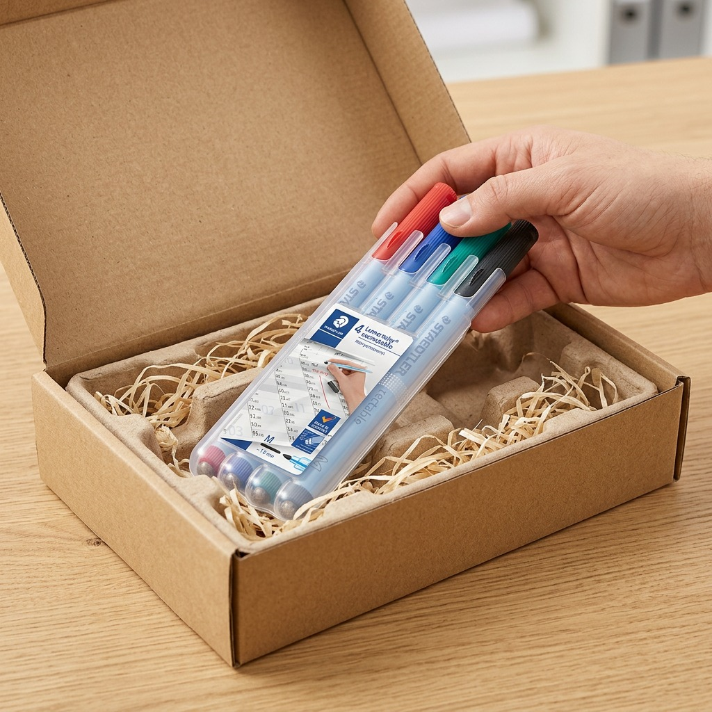 A premium unboxing experience, showing the protected STAEDTLER whiteboard markers being removed from a sturdy box.