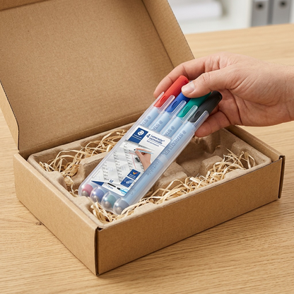 A premium unboxing experience, showing the protected STAEDTLER whiteboard markers being removed from a sturdy box.