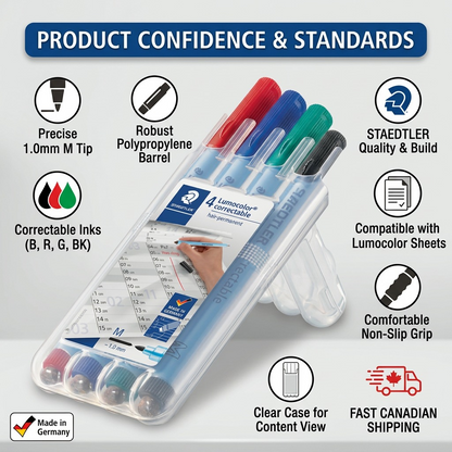PDP infographic matrix for the STAEDTLER 305M-WP4-102 marker set, surrounding the product image with short factual icons and text cues: 'Precise 1.0mm M Tip', 'Robust Polypropylene Barrel', 'Correctable Inks', 'STAEDTLER Quality', 'Sheet-Material Compatibility', 'FAST CANADIAN SHIPPING'.