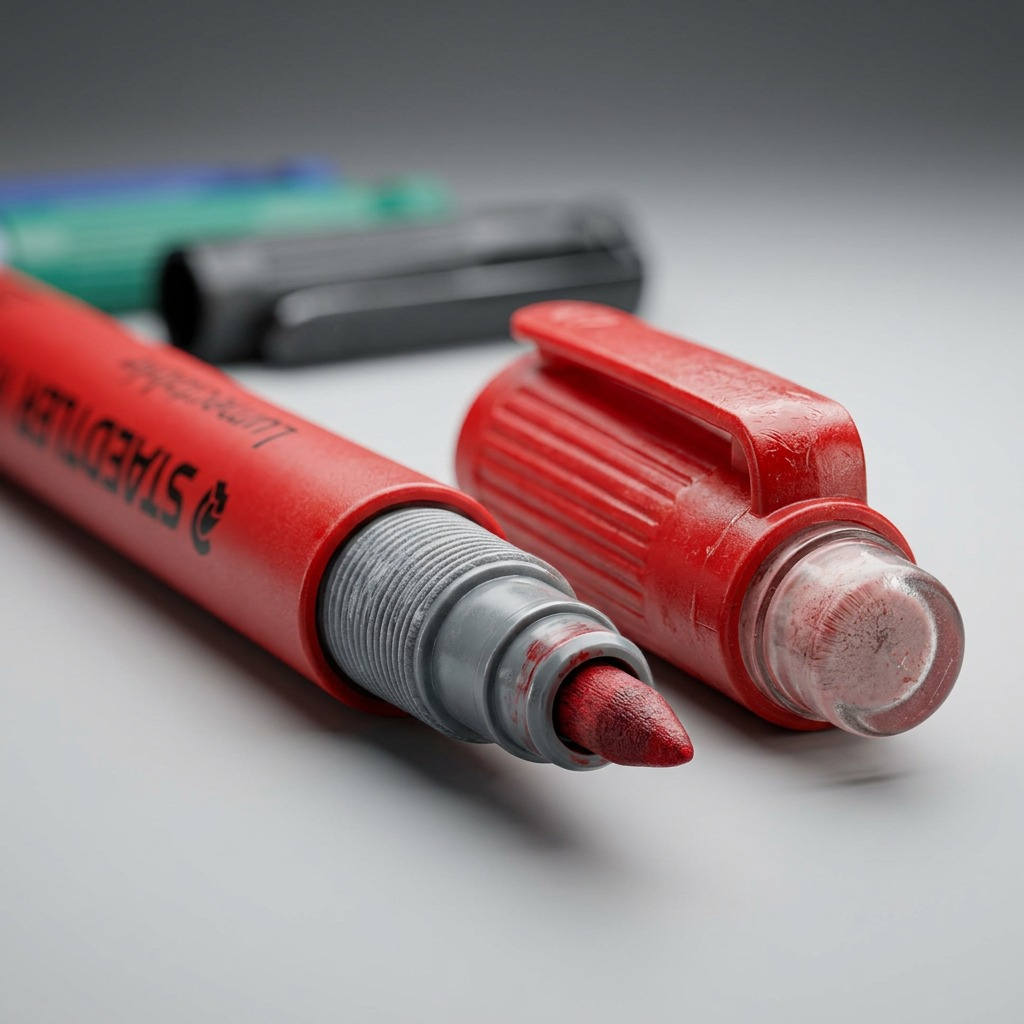 A detailed macro photograph showing the medium-tip and integrated eraser of a STAEDTLER Lumocolor correctable marker.