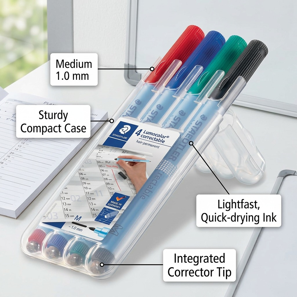 Staedtler Correctable Marker Set features highlighted with integrated tips for cleaning.