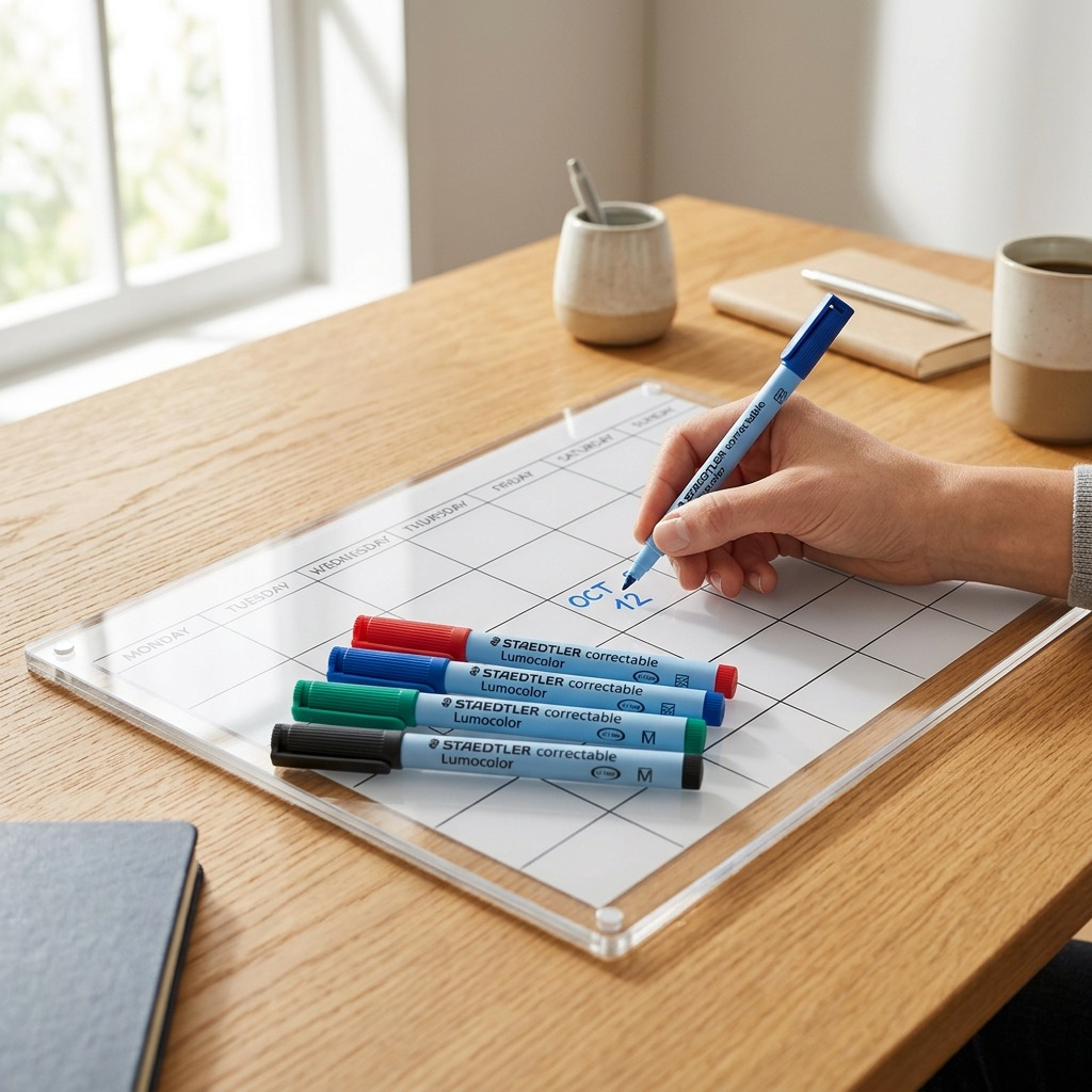 A natural photograph of four STAEDTLER Lumocolor whiteboard markers, from the M-WP4-102 set seen in the reference image. Positioned on a pristine white glass-erase calendar, this photo highlights their ready-for-use status. Minimalist office backdrop and direct lighting emphasize their professional design. No logos or text are present.