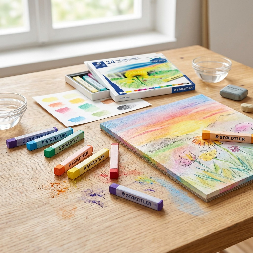A high-detail photograph of a wooden work table, featuring the STAEDTLER 24 soft pastel chalk set, many sticks loose alongside a textured paper pad with an unfinished artwork, under soft natural light.