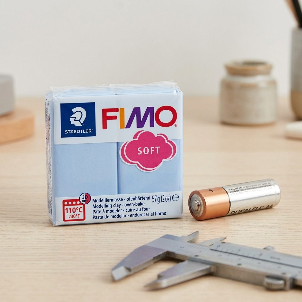 A high-resolution photo showing the Fimo Soft Morning Breeze clay block placed next to a standard AA battery on a light wood desk for size reference.