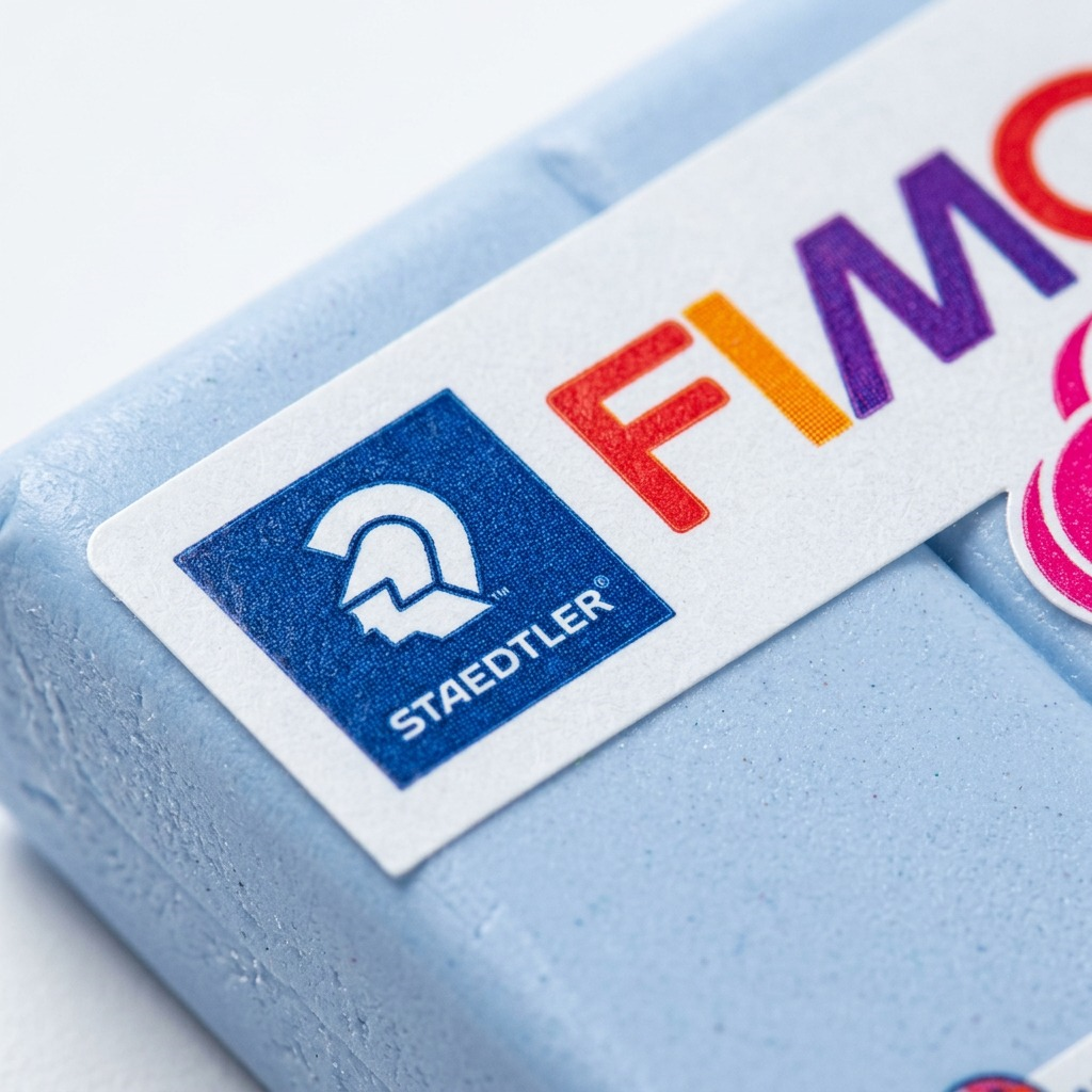 Macro view capturing the soft matte texture of light blue Fimo clay and printed quality details.