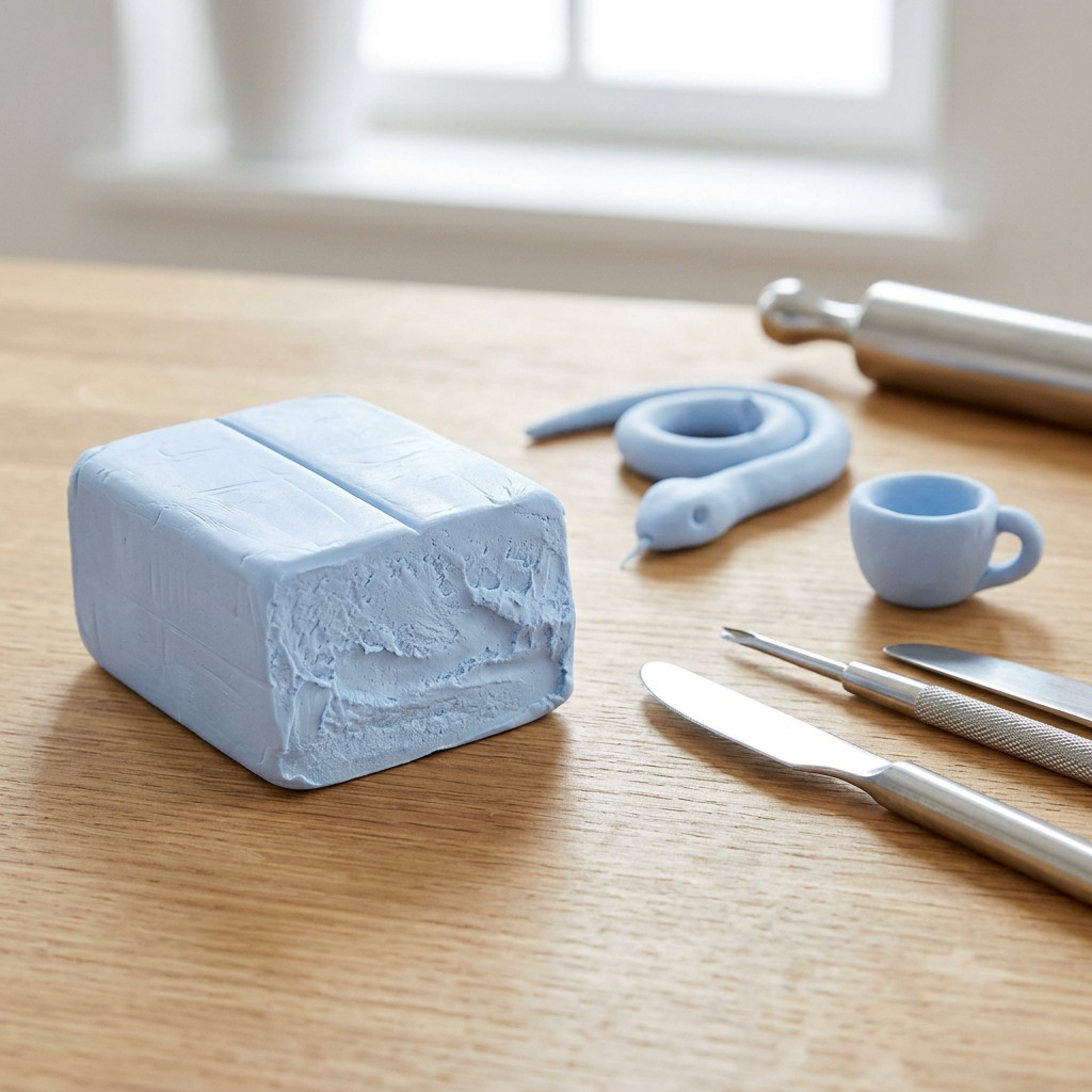 A close-up shot of light-blue Staedtler FIMO Soft clay, without packaging, being rolled and shaped on an artisan-style wooden workbench. Natural light from a nearby window illuminates a block of clay, a metal sculpting tool, and a small, unfired miniature teacup, highlighting the clay's smooth texture and vibrant morning breeze color. Next to the clay are tiny, unfired clay leaves, showing its modeling capabilities in a workshop setting.