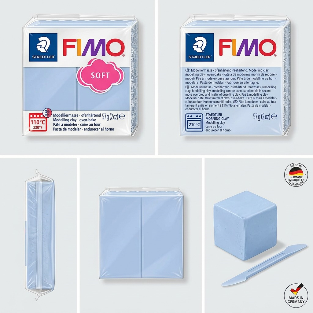 A grid displaying the STAEDTLER Fimo Soft Morning Breeze clay block from five different angles on a grey background.