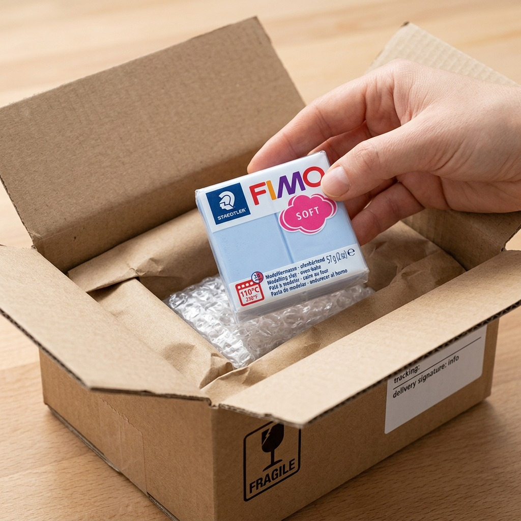 Unboxing a block of FIMO Soft clay (image_0.png) from a protective corrugated box.