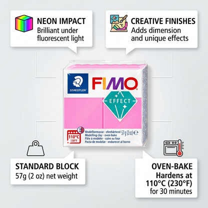 PDP matrix graphic providing an overview of key operational features for STAEDTLER FIMO Effect Neon Fuchsia modelling clay.