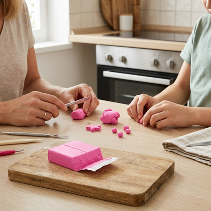 A realistic kitchen counter scene showing people sculpting with the pink STAEDTLER Fimo Effect modeling clay.